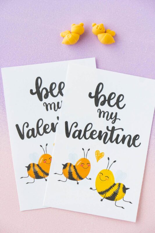 bee valentine printable on pink background