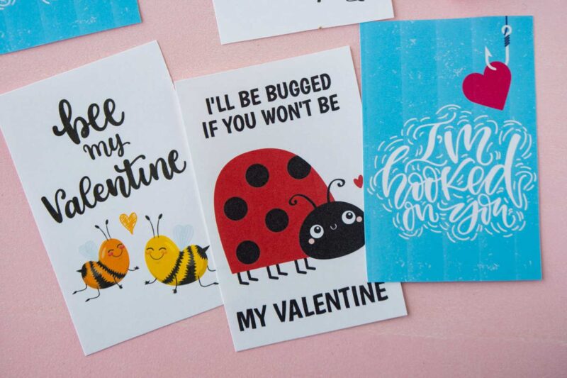 animal themed printable valentine's day cards on pink background