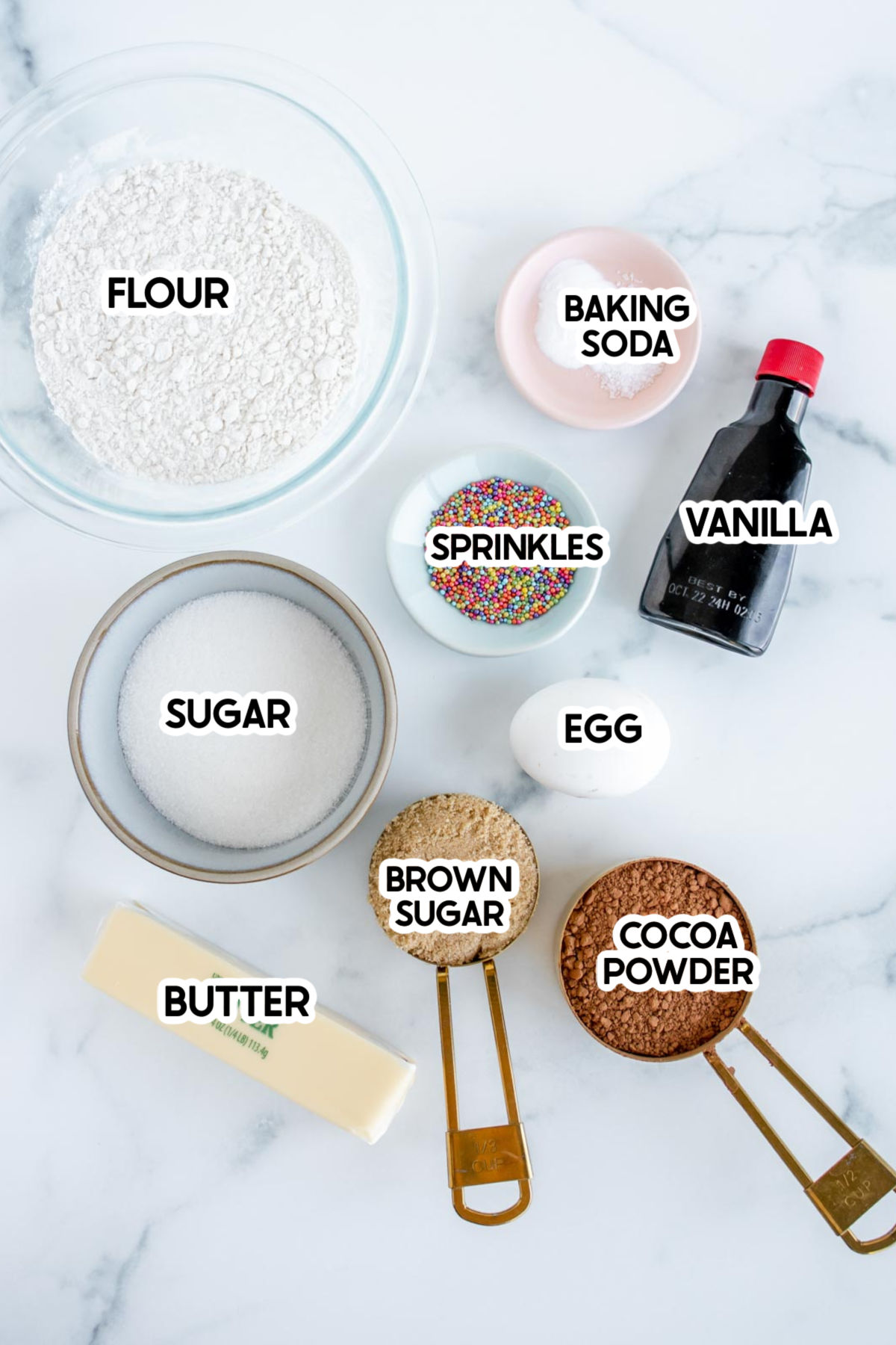 ingredients in chocolate sprinkle cookies with labels