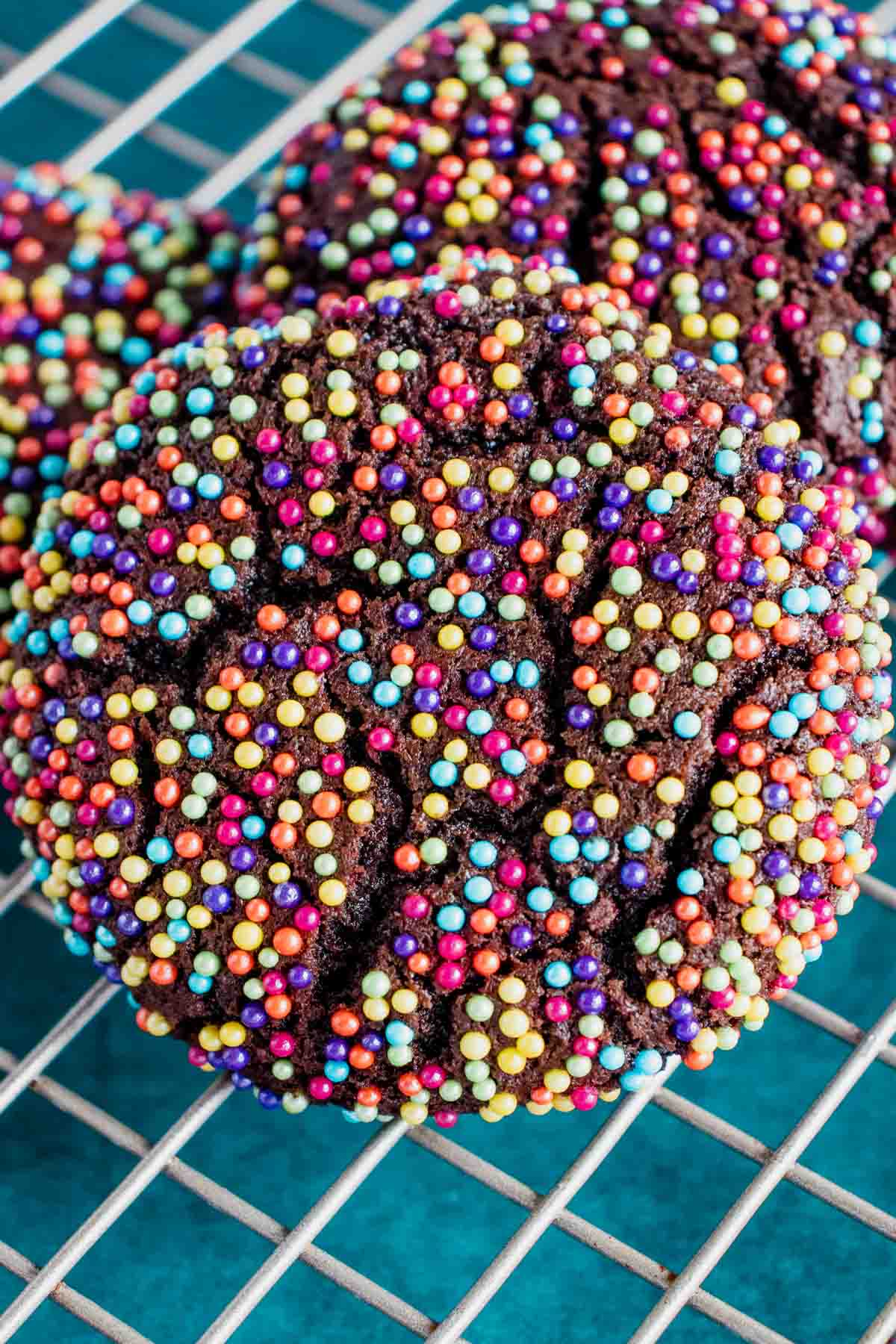 chocolate sprinkle cookie on a cooling sheet