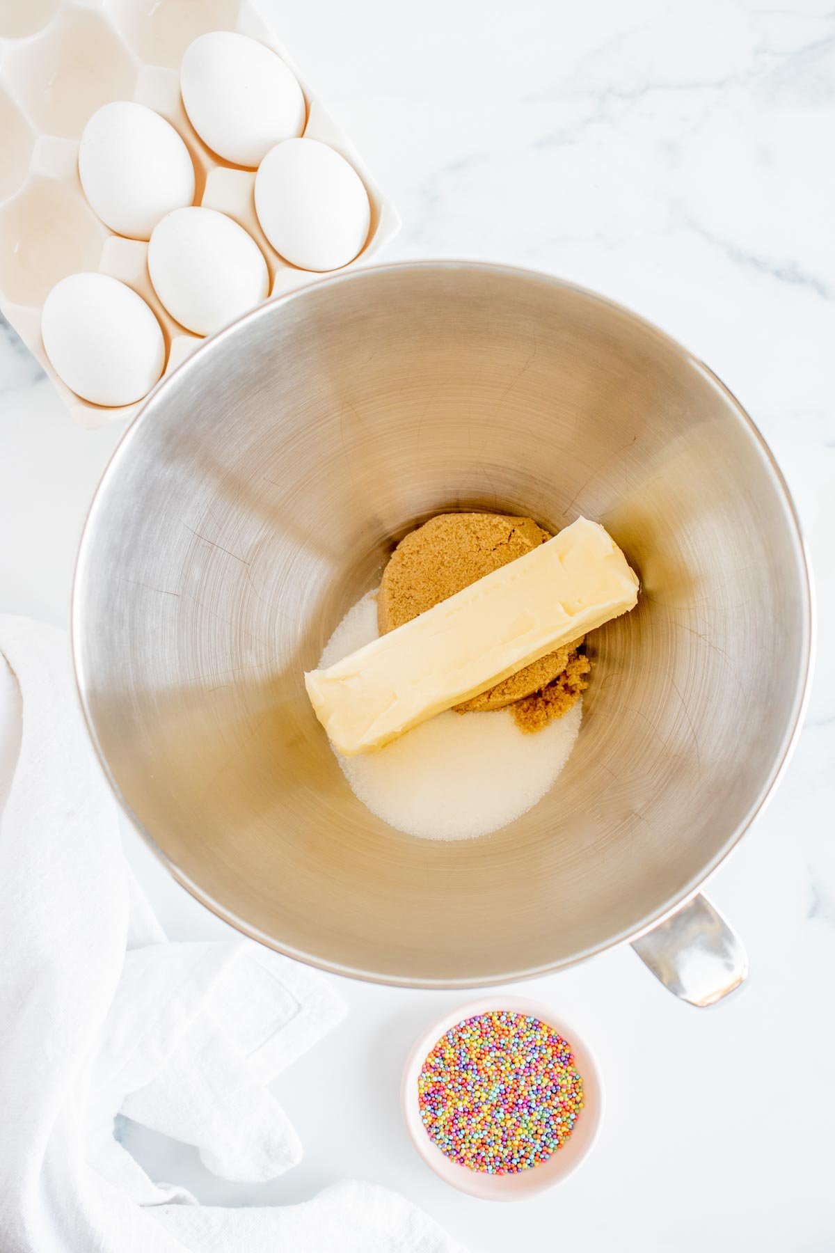 eggs and butter in a batter bowl