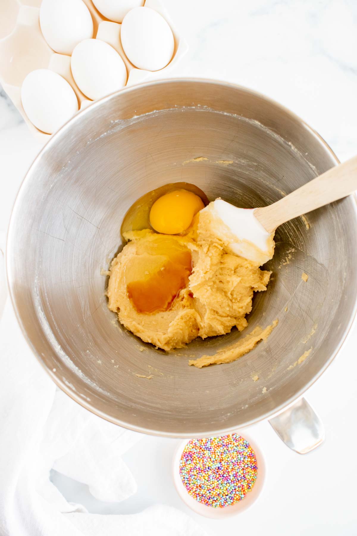 batter bowl with creamed butter and eggs