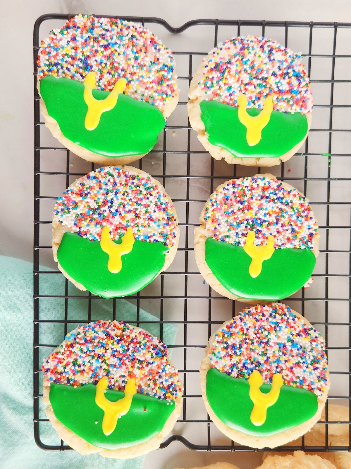 cooling sheet with football cookies