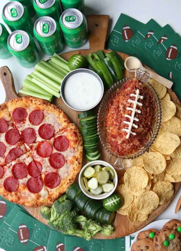 Circular tray with a pizza and football shape cheese dip