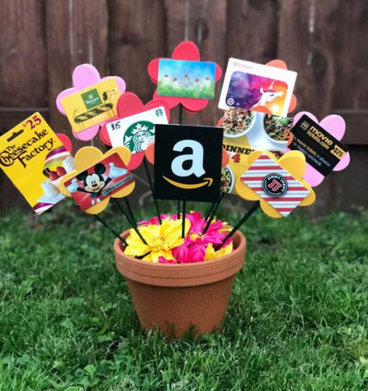 clay pot with gift card flowers