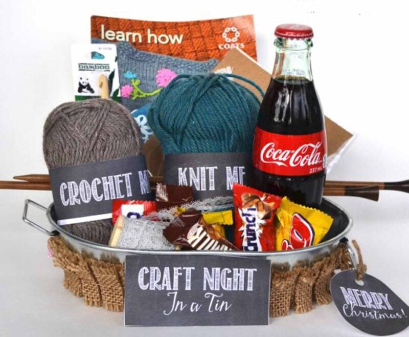 basket with crafting supplies and snacks