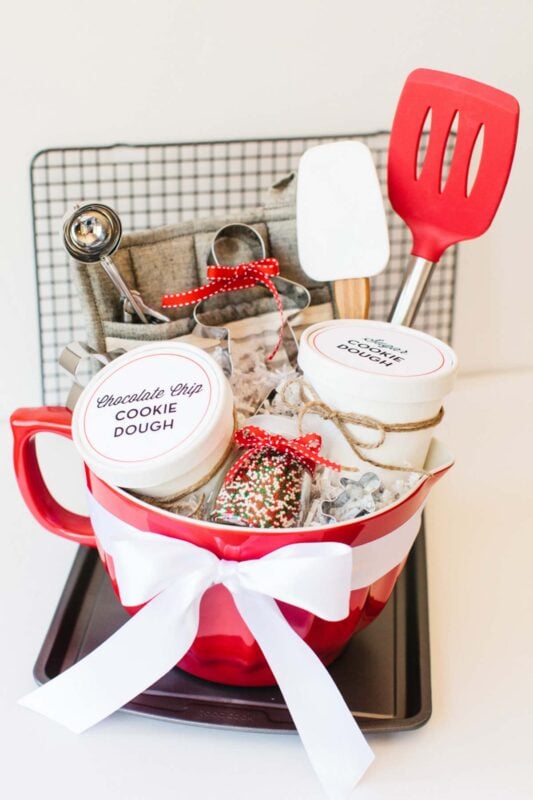 mixing bowl with cookie dough supplies in it