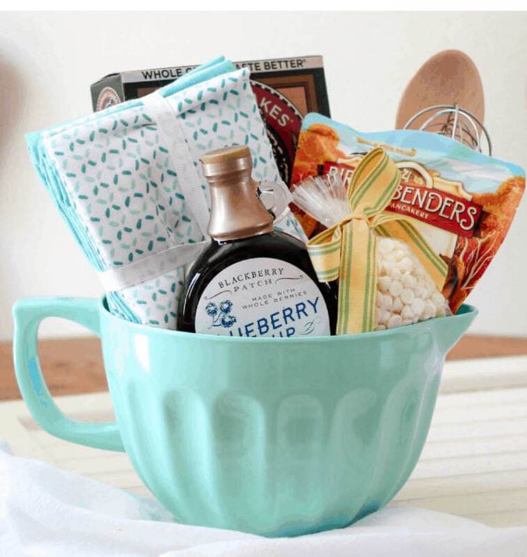 mixing bowl with pancake supplies inside