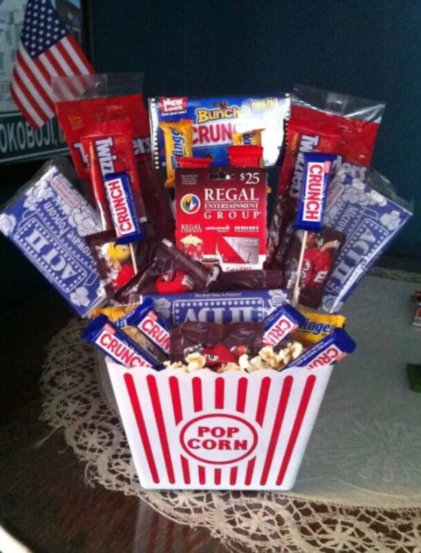 movie bucket with snacks and gift cards