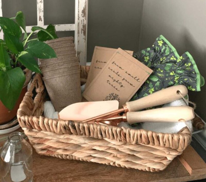 woven basket with gardening supplies