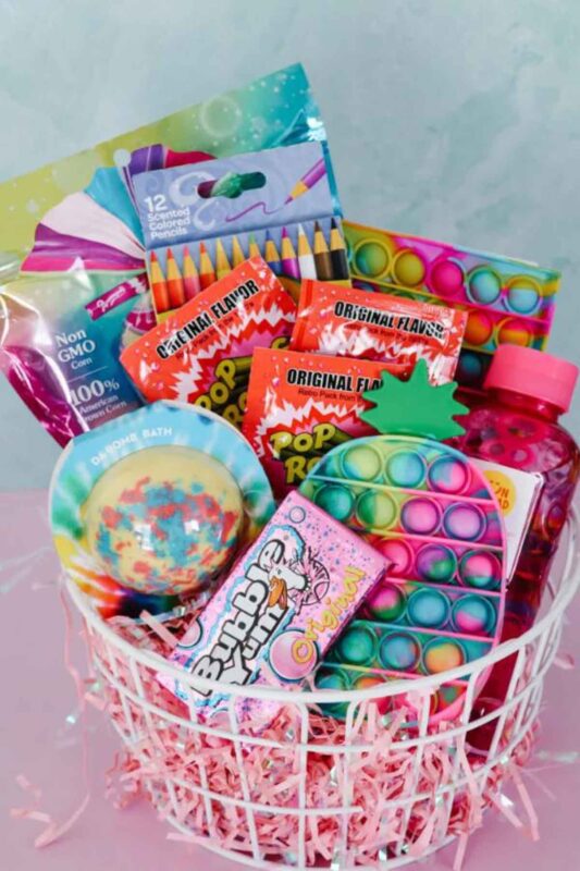 basket filled with treats and fidget toys