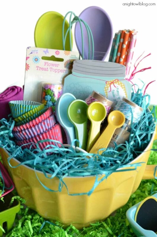 mixing bowl filled with baking supplies