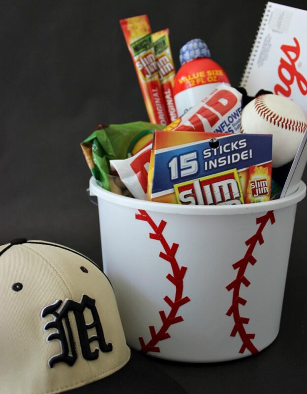 baseball basket with snacks and baseball supplies