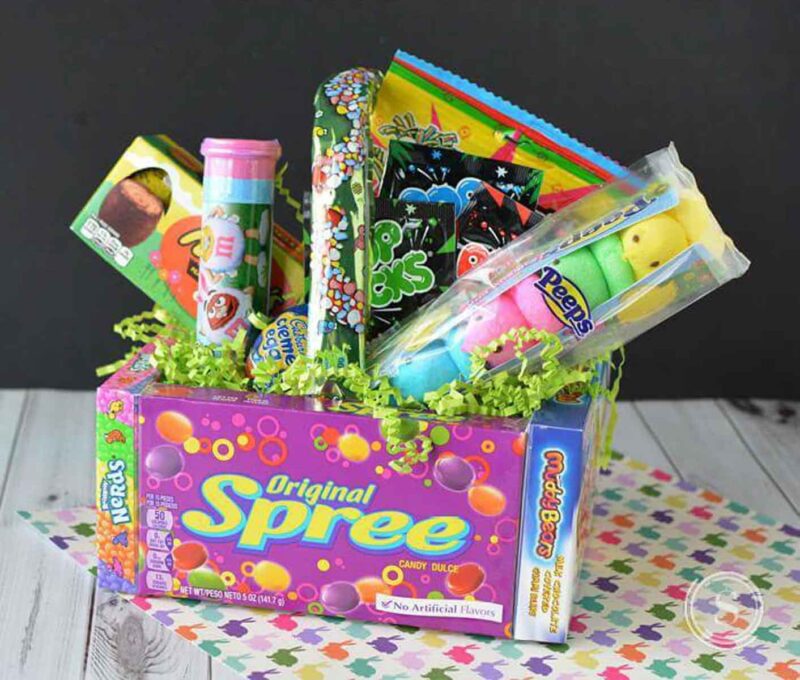 candy boxes glued together to make a box and filled with snacks