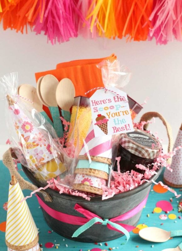 bucket with ice cream supplies