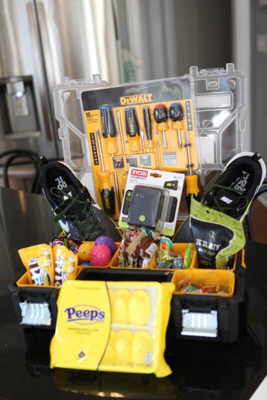 tool box filled with snacks and various tools