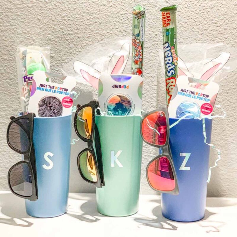 monogram cups with sunglasses and treats