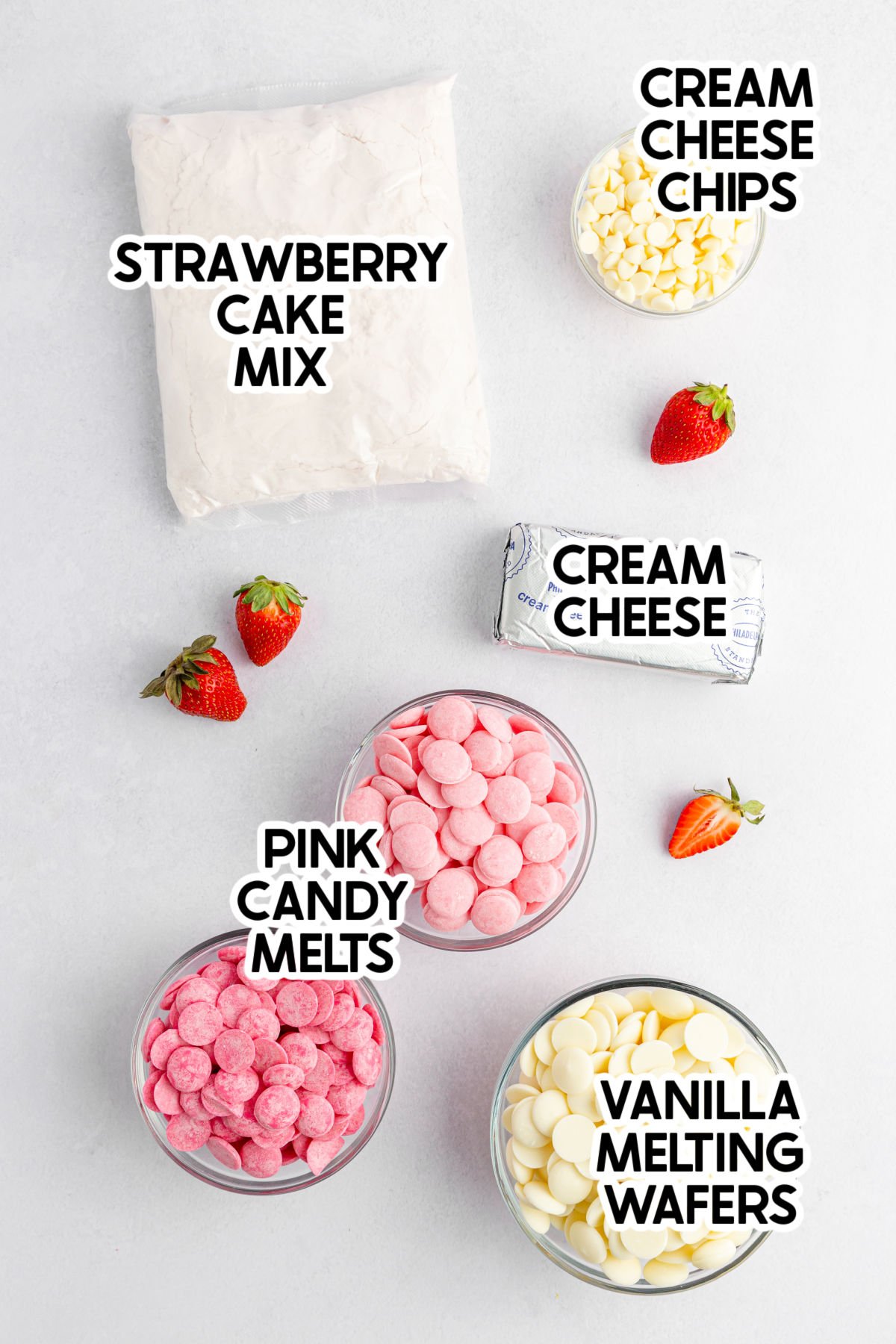 ingredients to make strawberry cake balls with labels