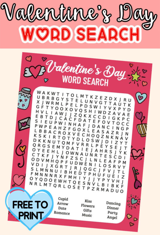 Valentine's Day word search printable with text on top