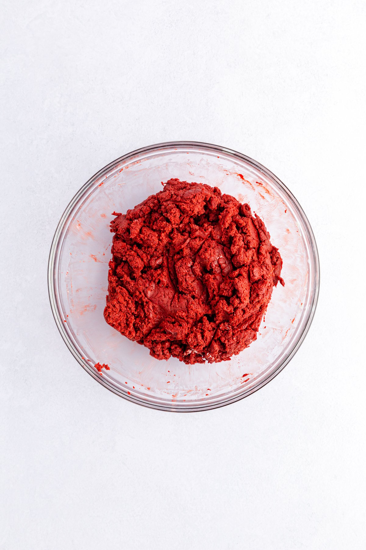 red velvet cake mix balls in a glass bowl