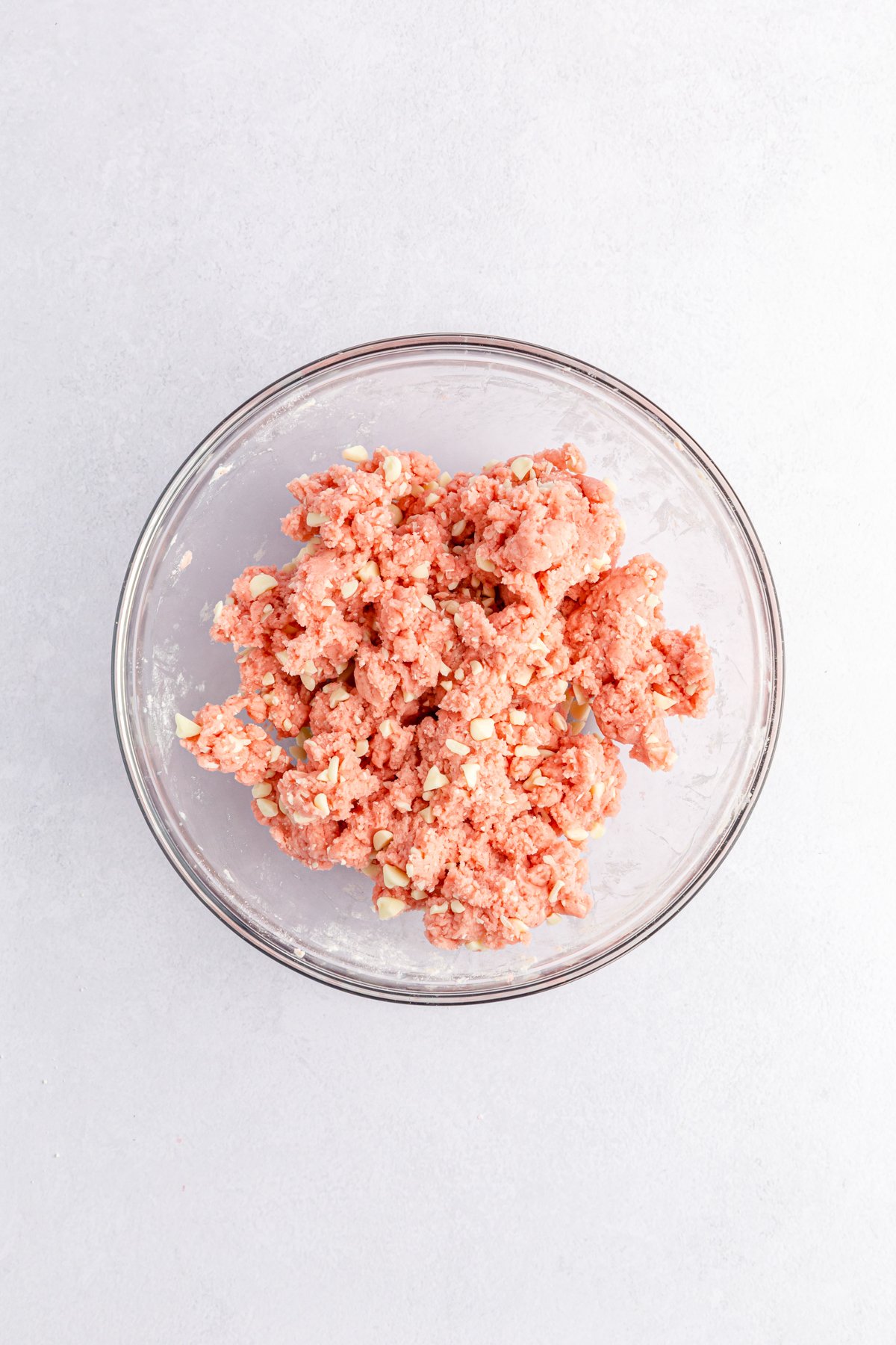 glass bowl with strawberry cake mix cookie dough