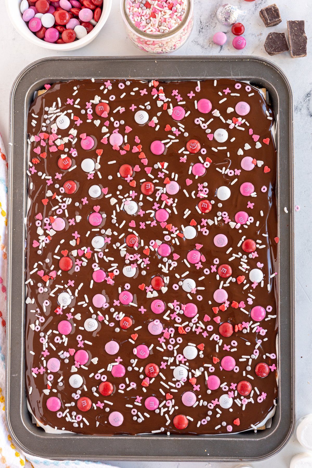 baking sheet with Valentine's Day bark 