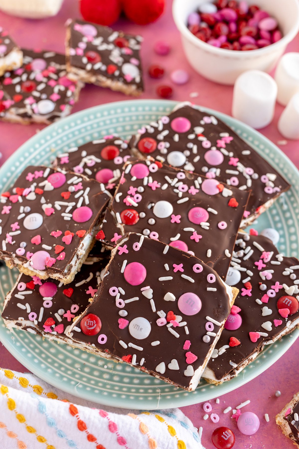 white plate full of pieces of Valentine's Day bark