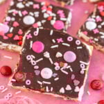 square of graham cracker bark with Valentine's Day sprinkles
