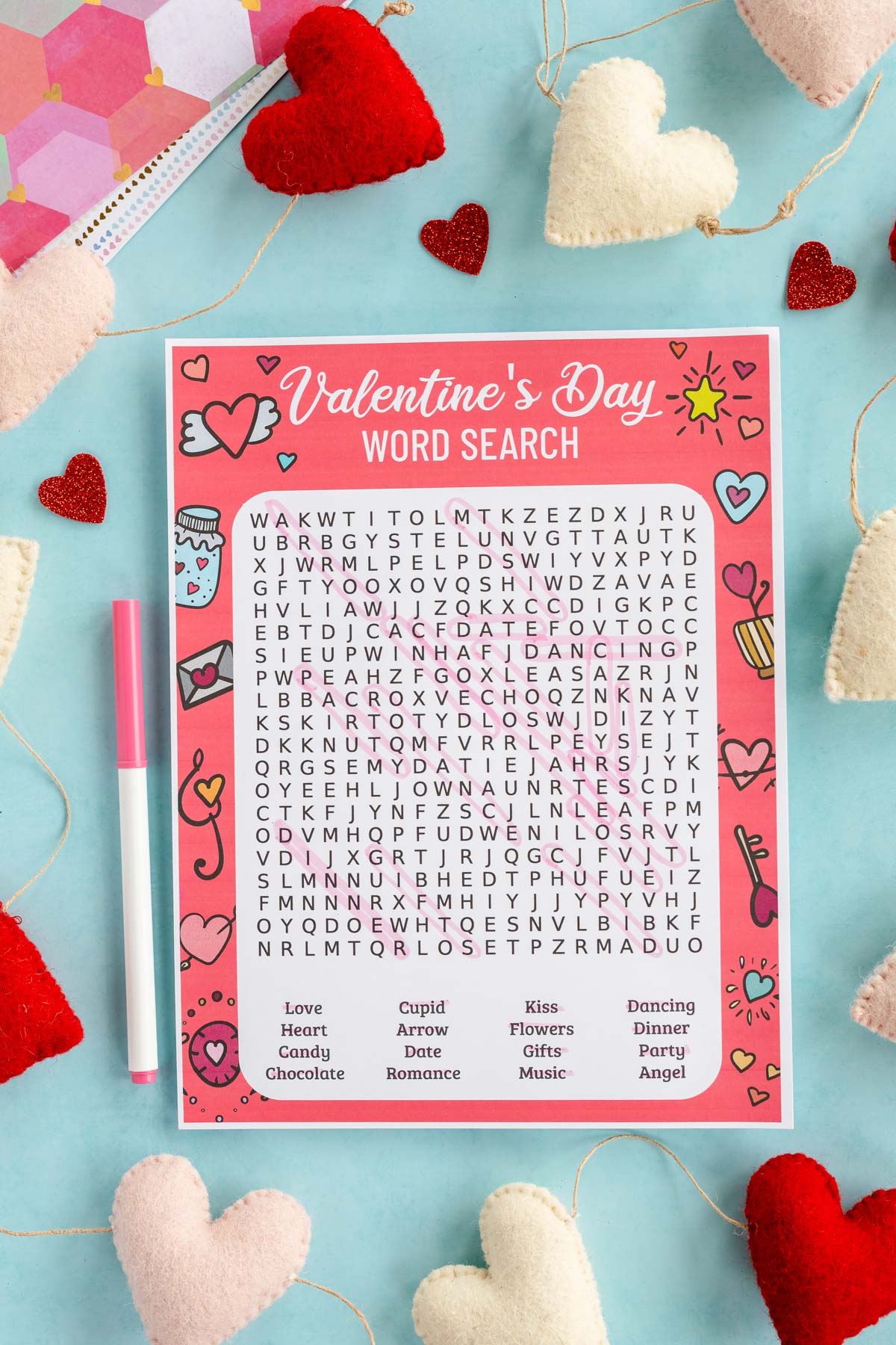 Answer key for a printable Valentine's Day word search