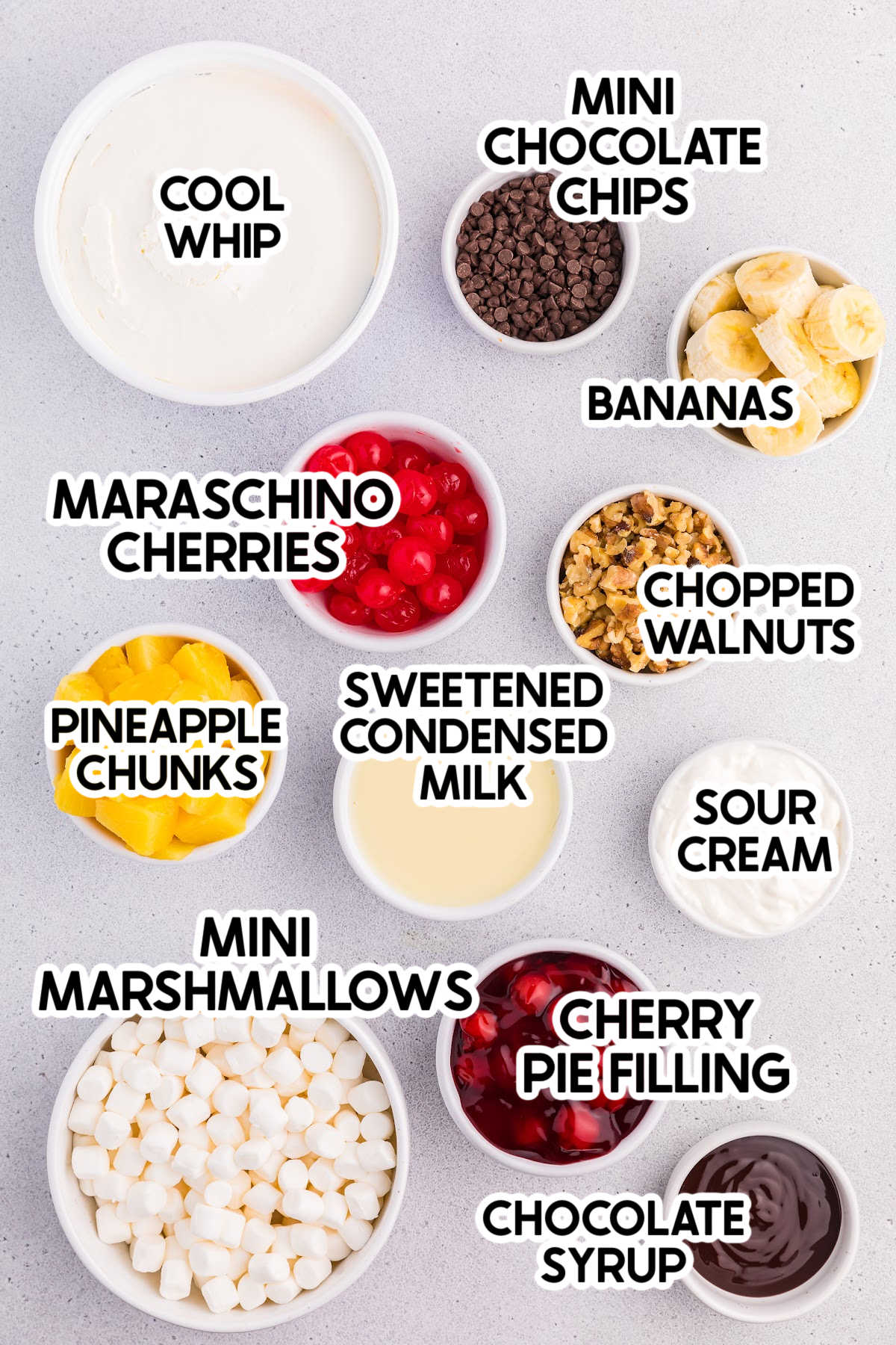 ingredients to make banana split fluff with labels