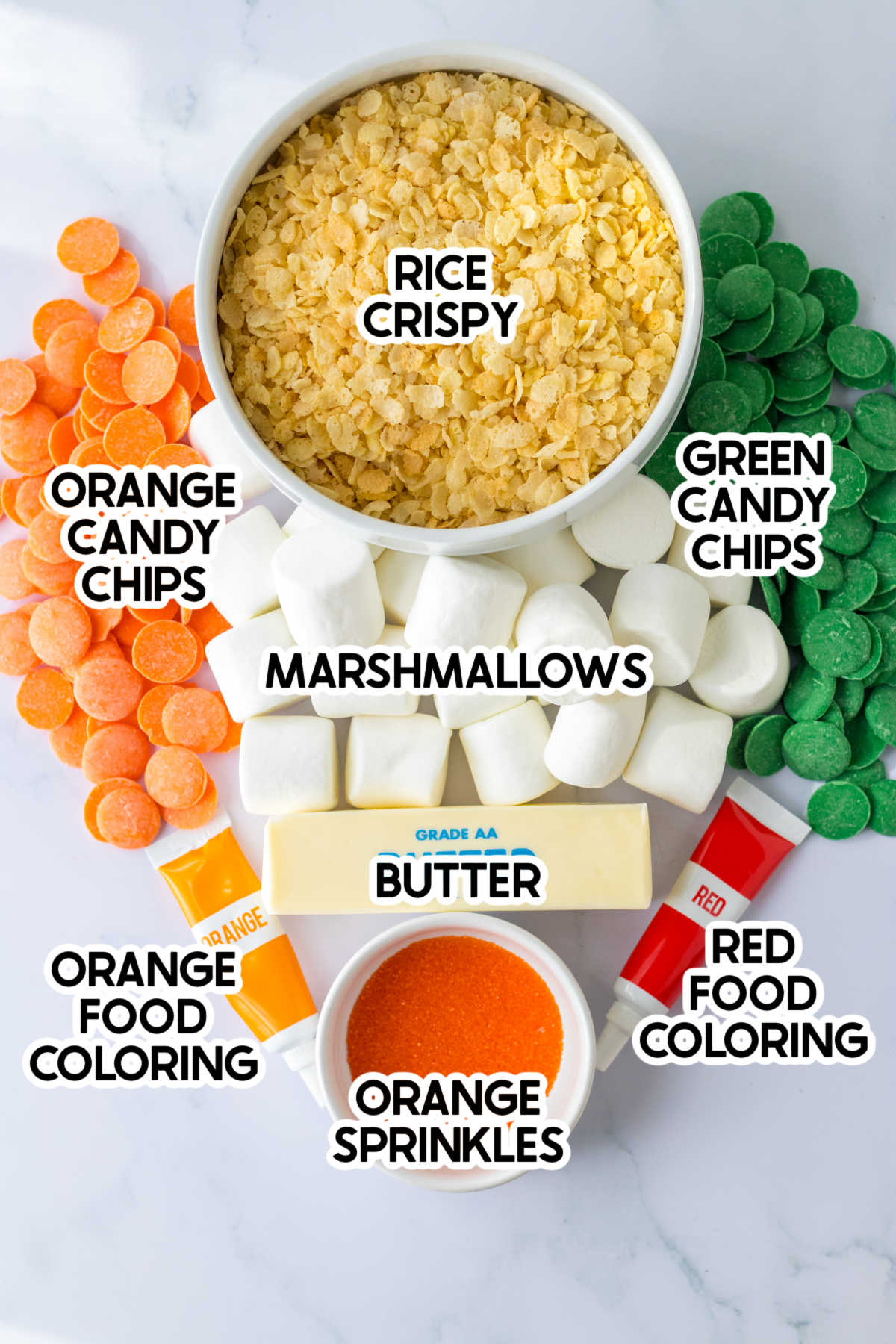 ingredients to make carrot rice krispie treats with labels