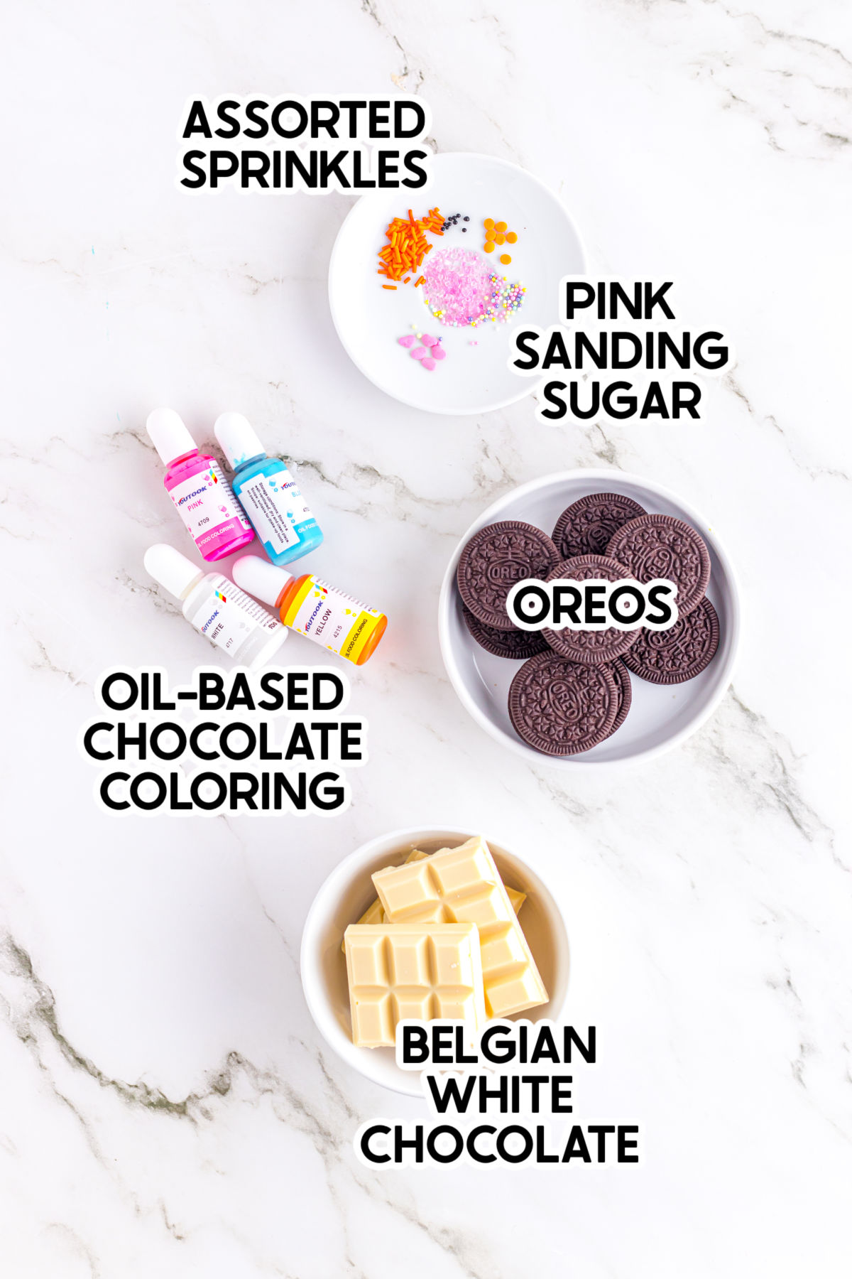 ingredients to make Easter Oreos with labels