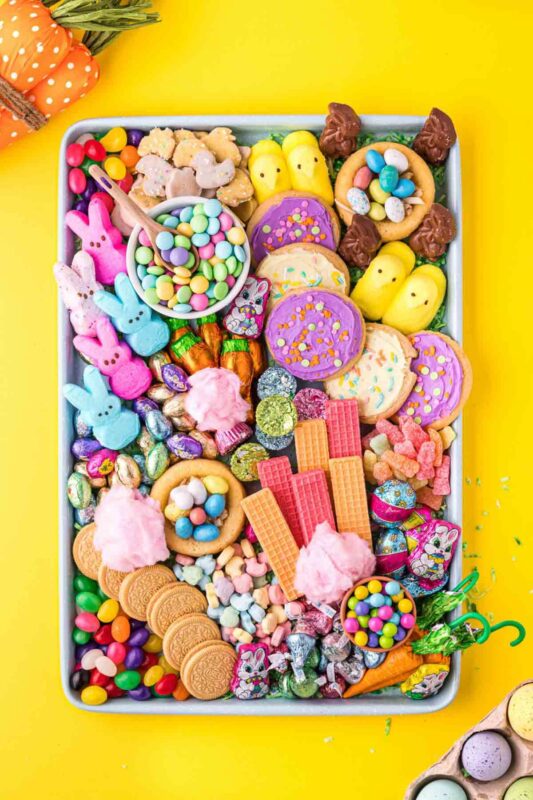 tray with various Easter candies and snacks