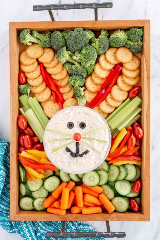 bunny face dip with cracker easrs and vegetable snacks