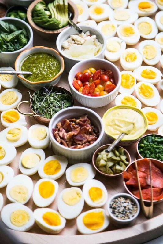 hard boiled eggs with variety of toppings