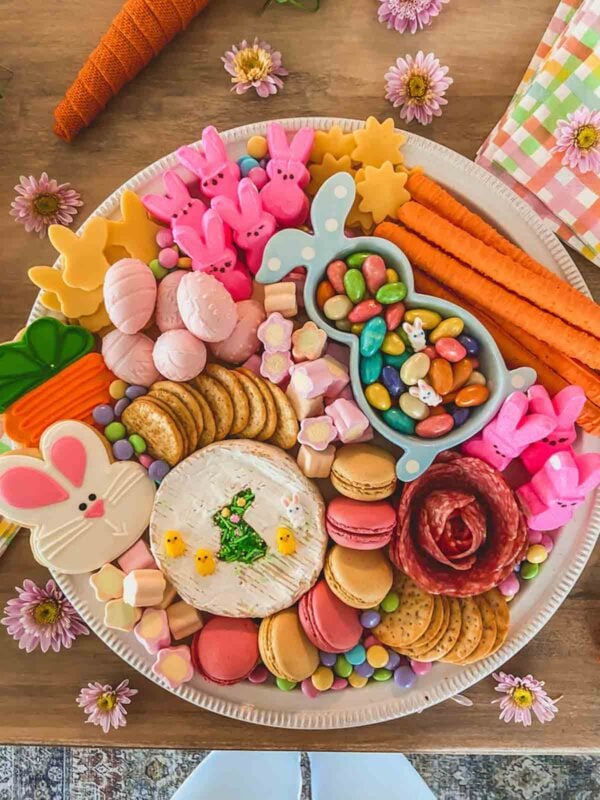 round platter with bunny shpaed cheese and variety of snack items