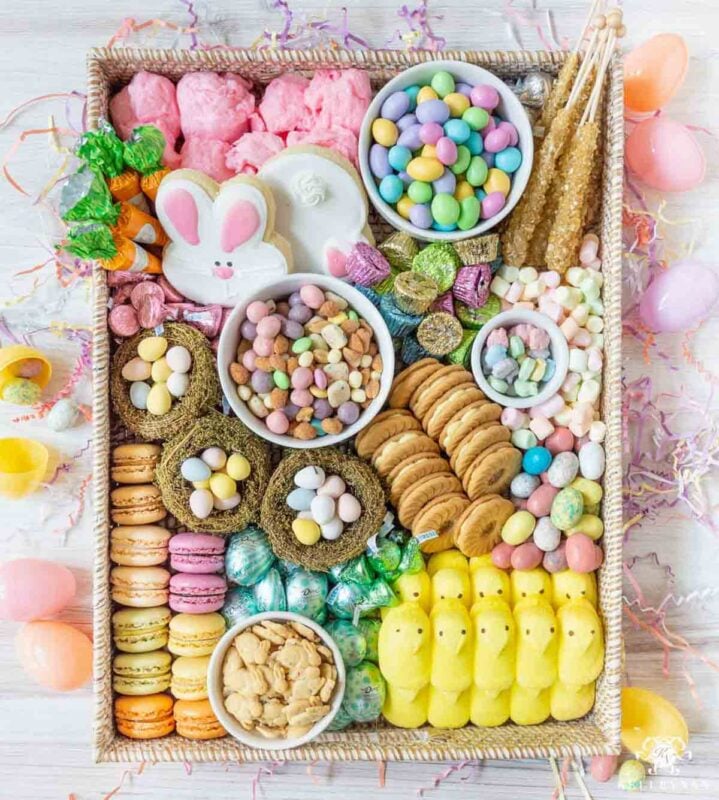 serving tray with bunny cookies and other easter themed treats