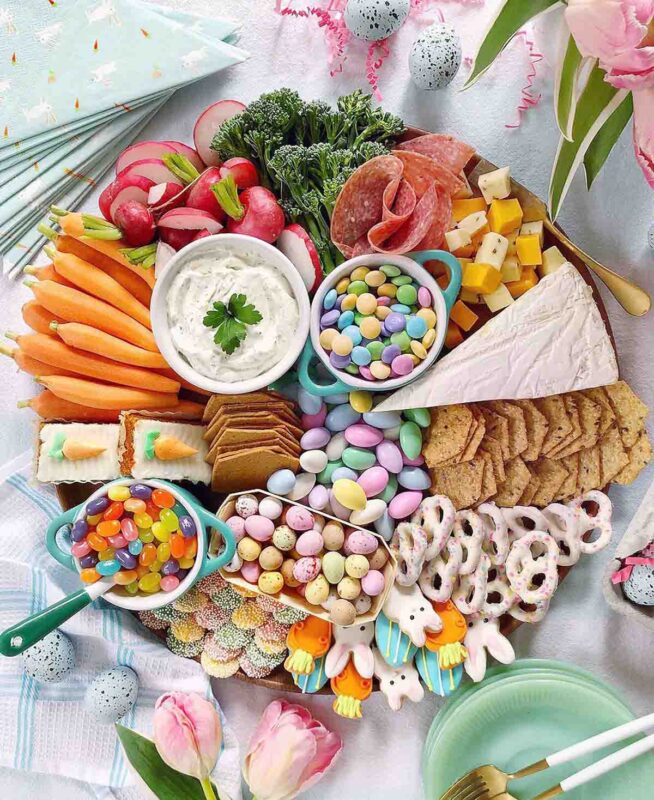 easter candy with variety of other snacking items like carrots and crackers