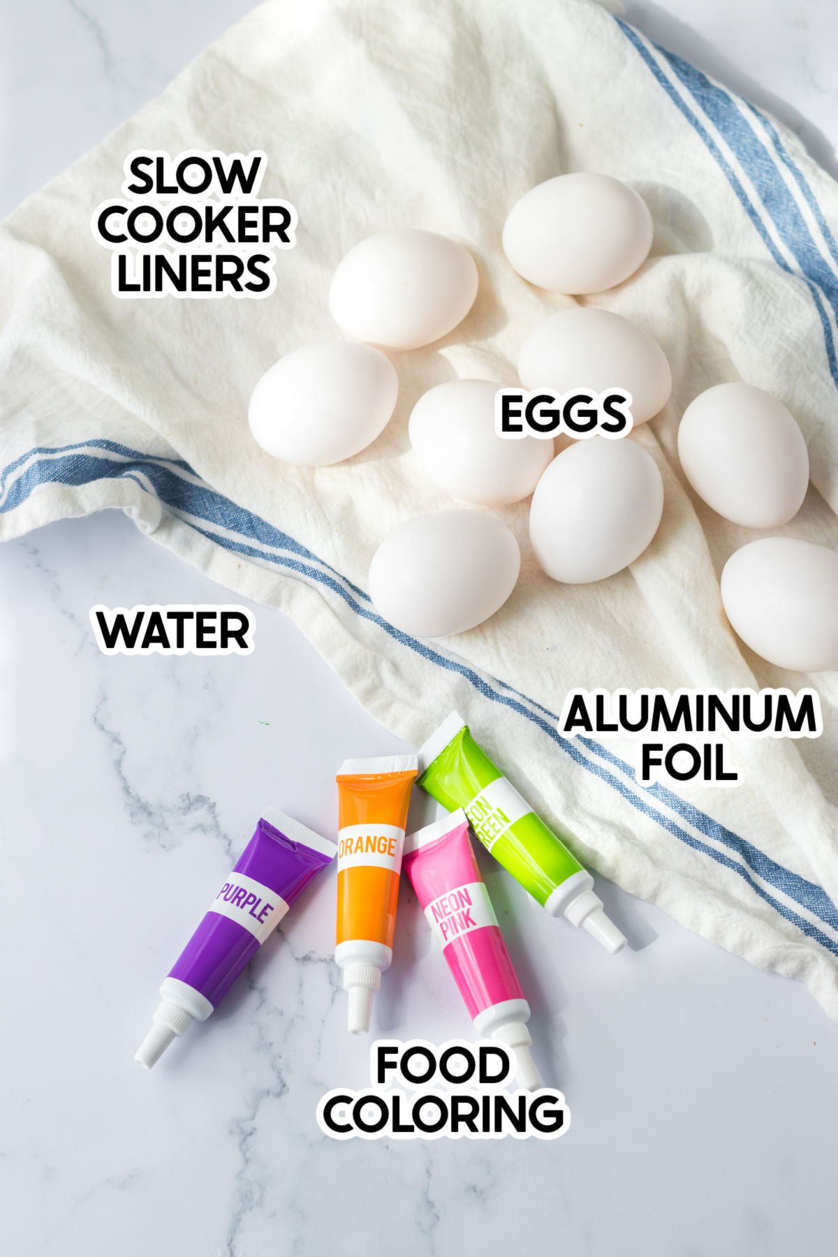 ingredients to make slow cooker dyed eggs with labels