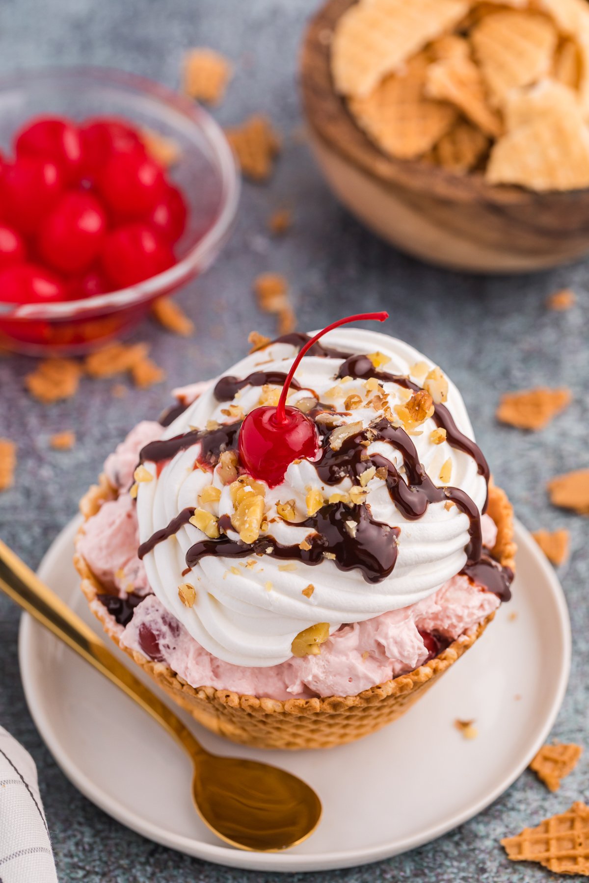 banana split fluff in a waffle bowl