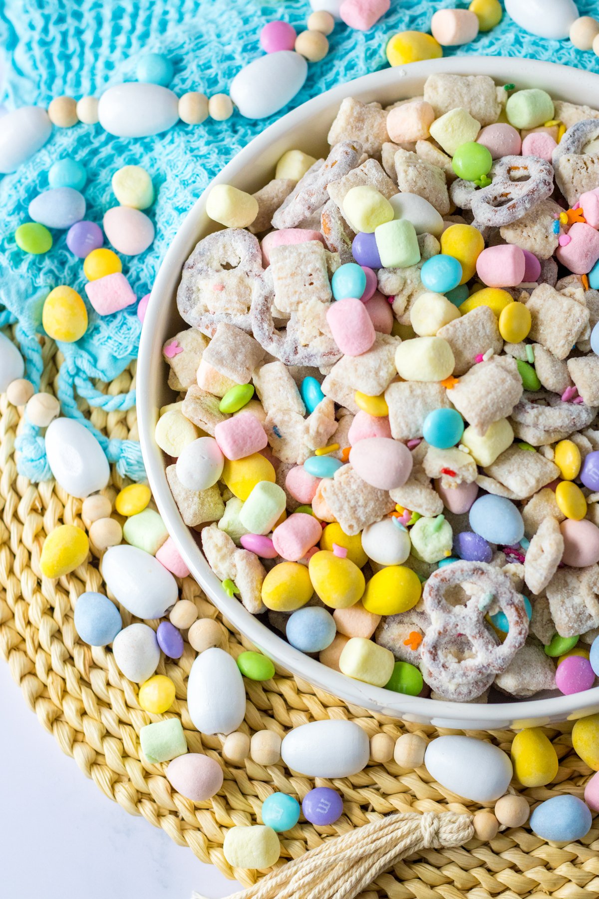 white bowl full of bunny bait snack mix