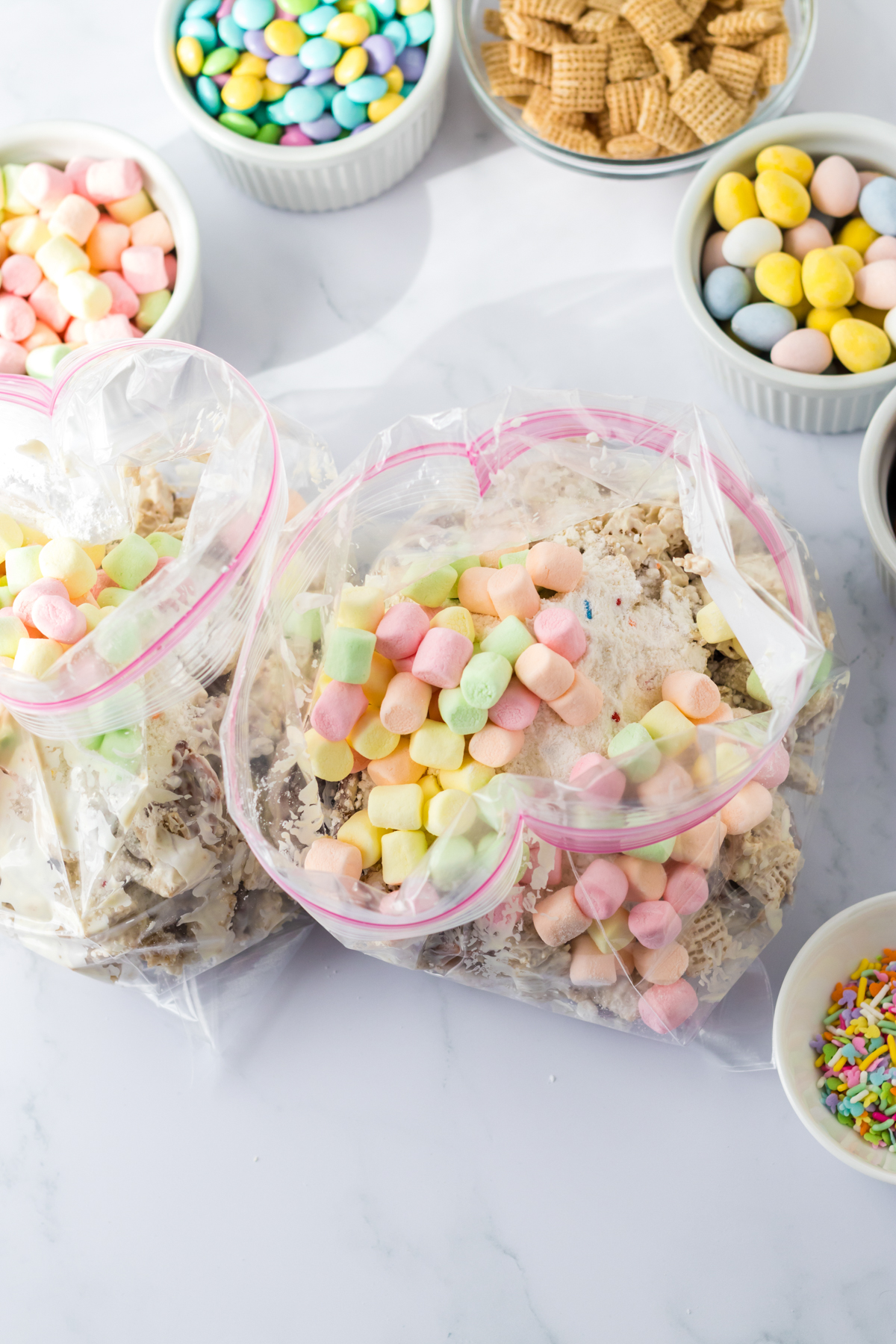 zipper top bag with mini marshmallows and snack mix