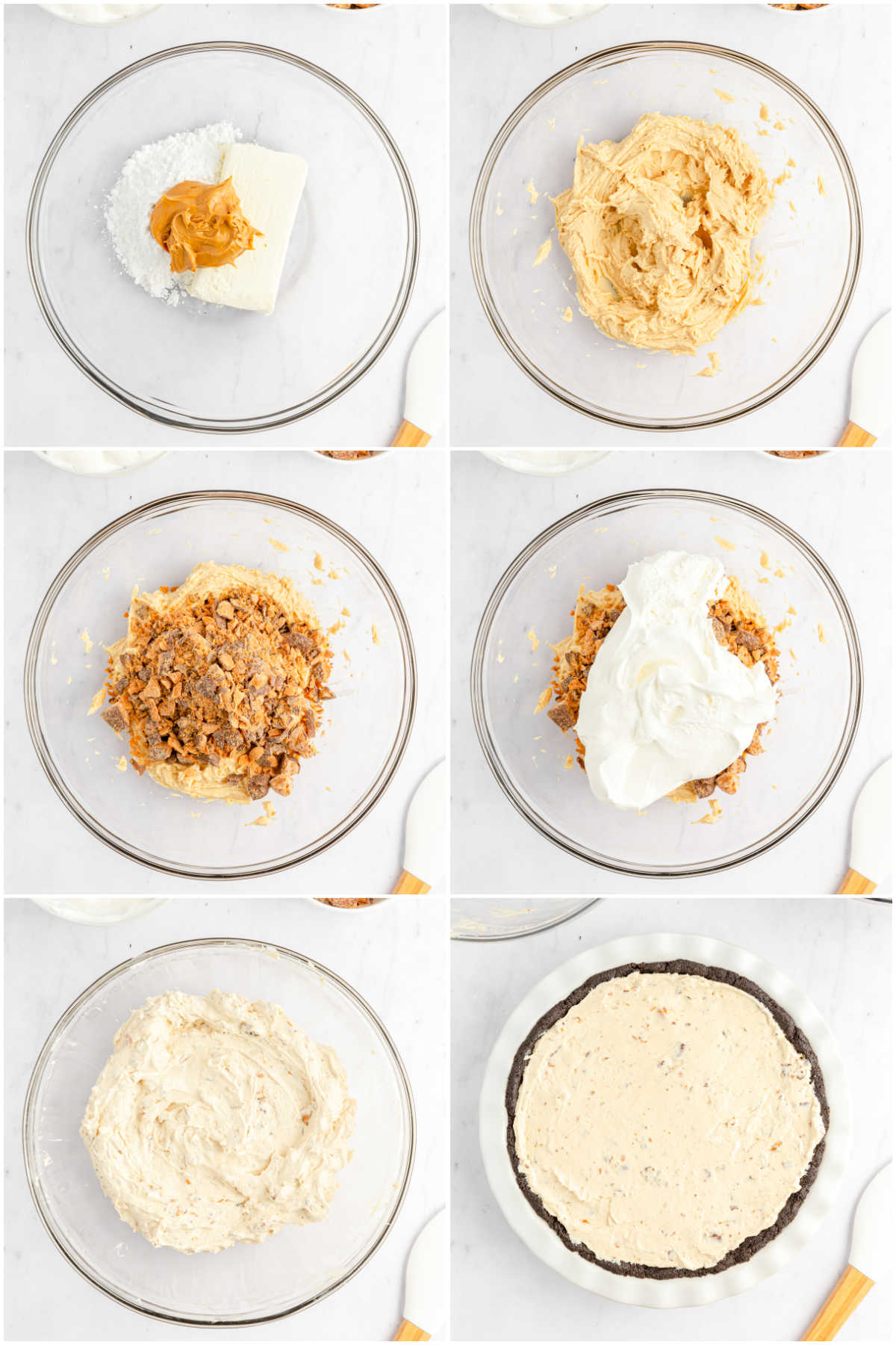 collage of images showing how to make butterfinger pie