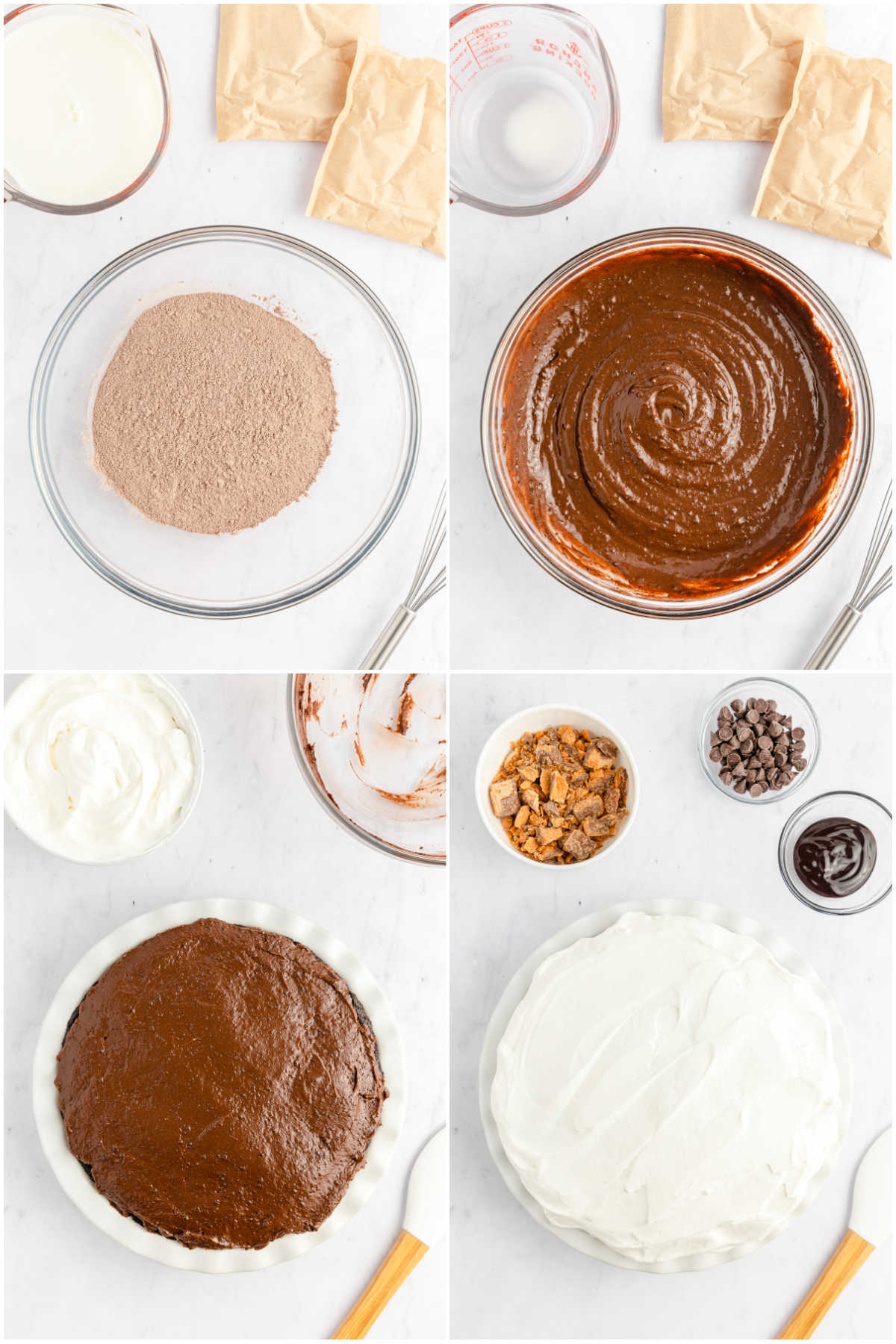 collage of images showing making chocolate pudding and putting it on butterfinger pie