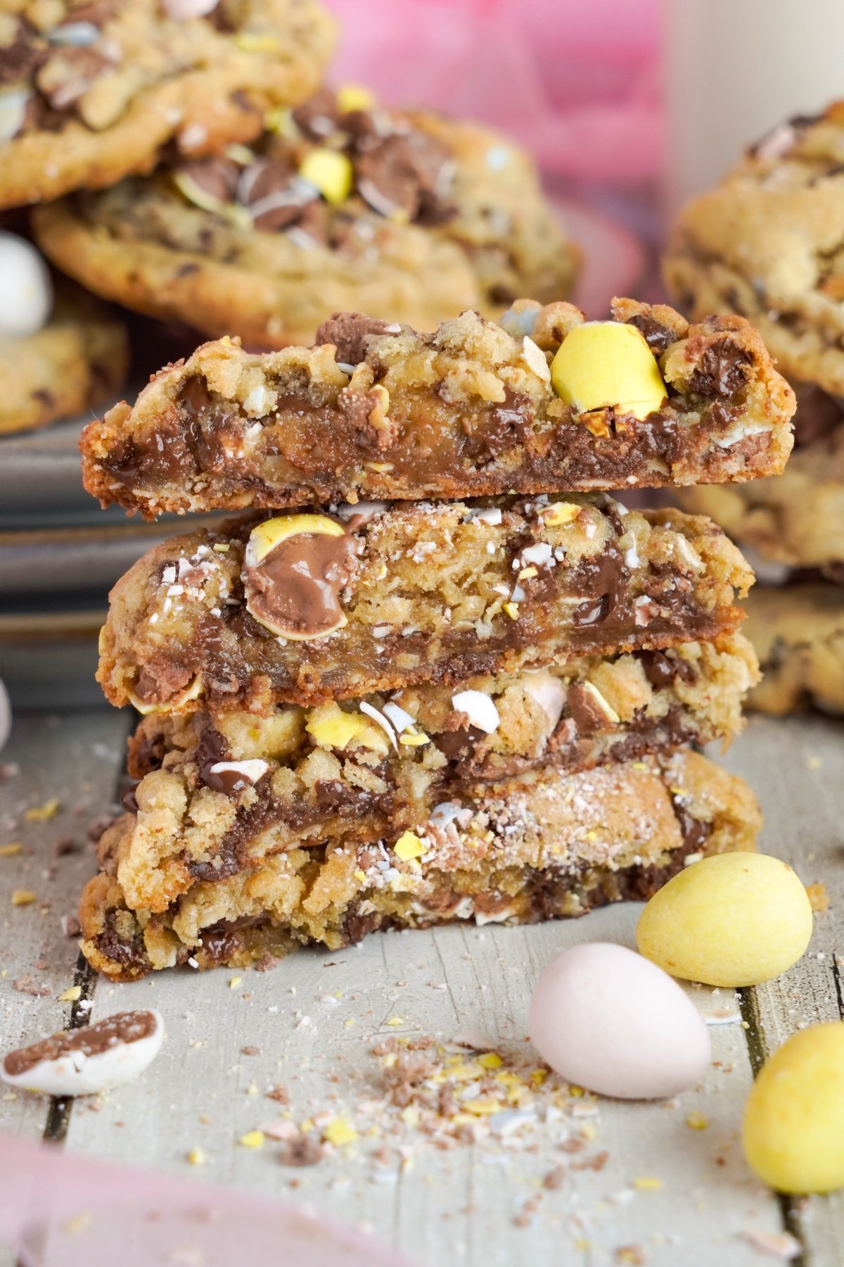 stack of cadbury egg cookies cut in half