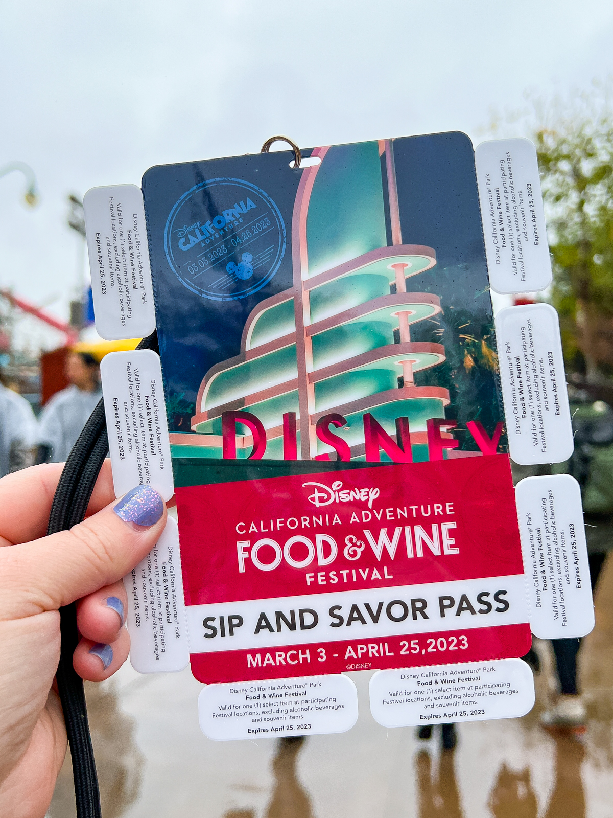 hand holding a Disney Food and Wine Festival sip and savor pass
