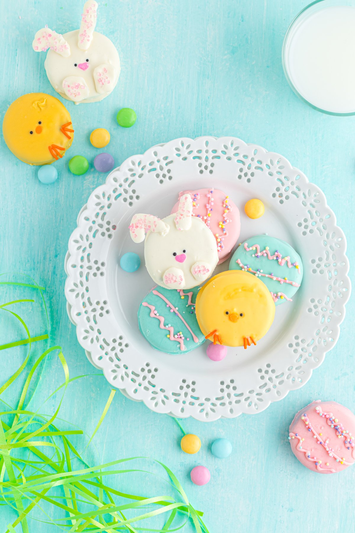 top down view of a plate full of Easter Oreos