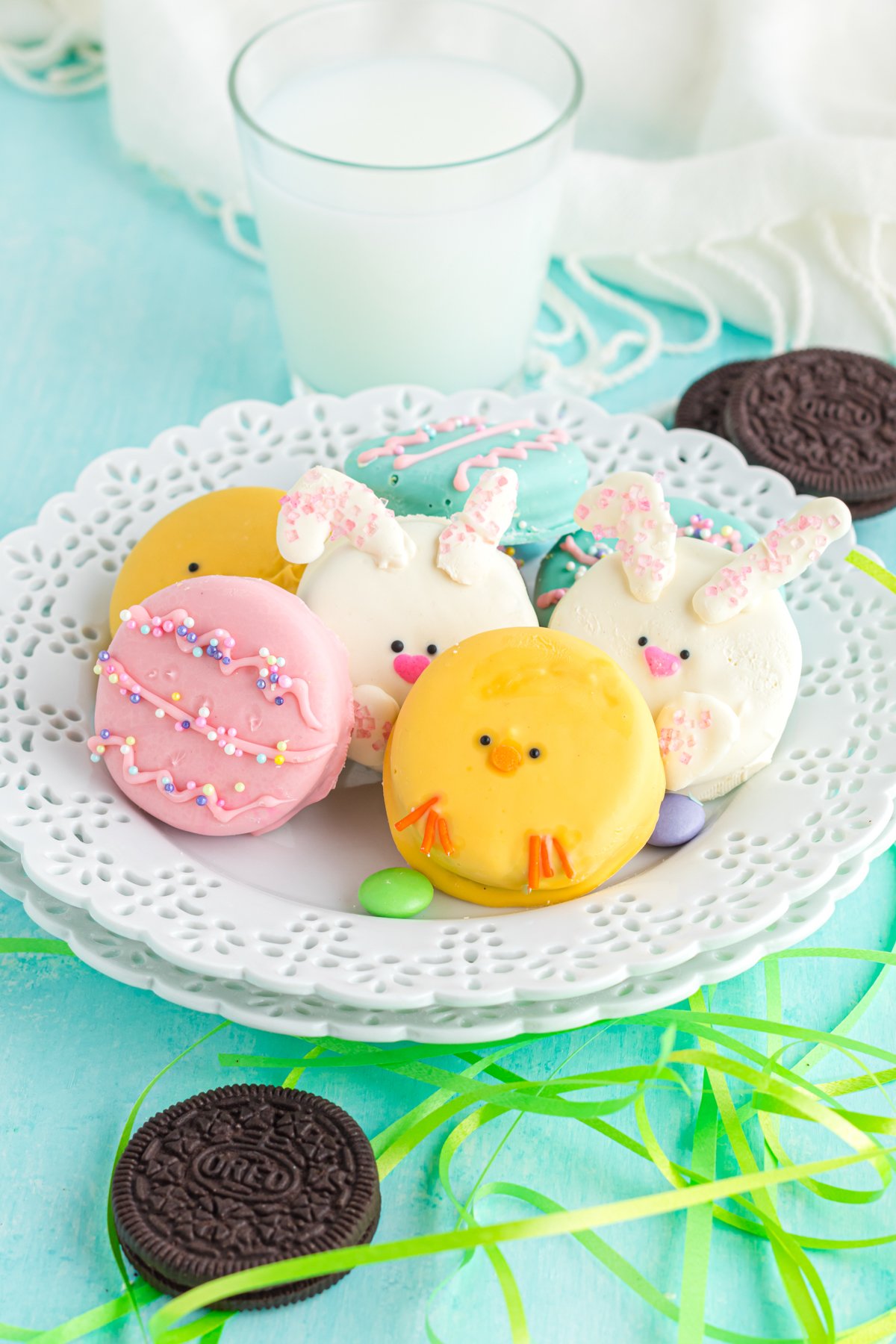 plate full of decorated Easter Oreos