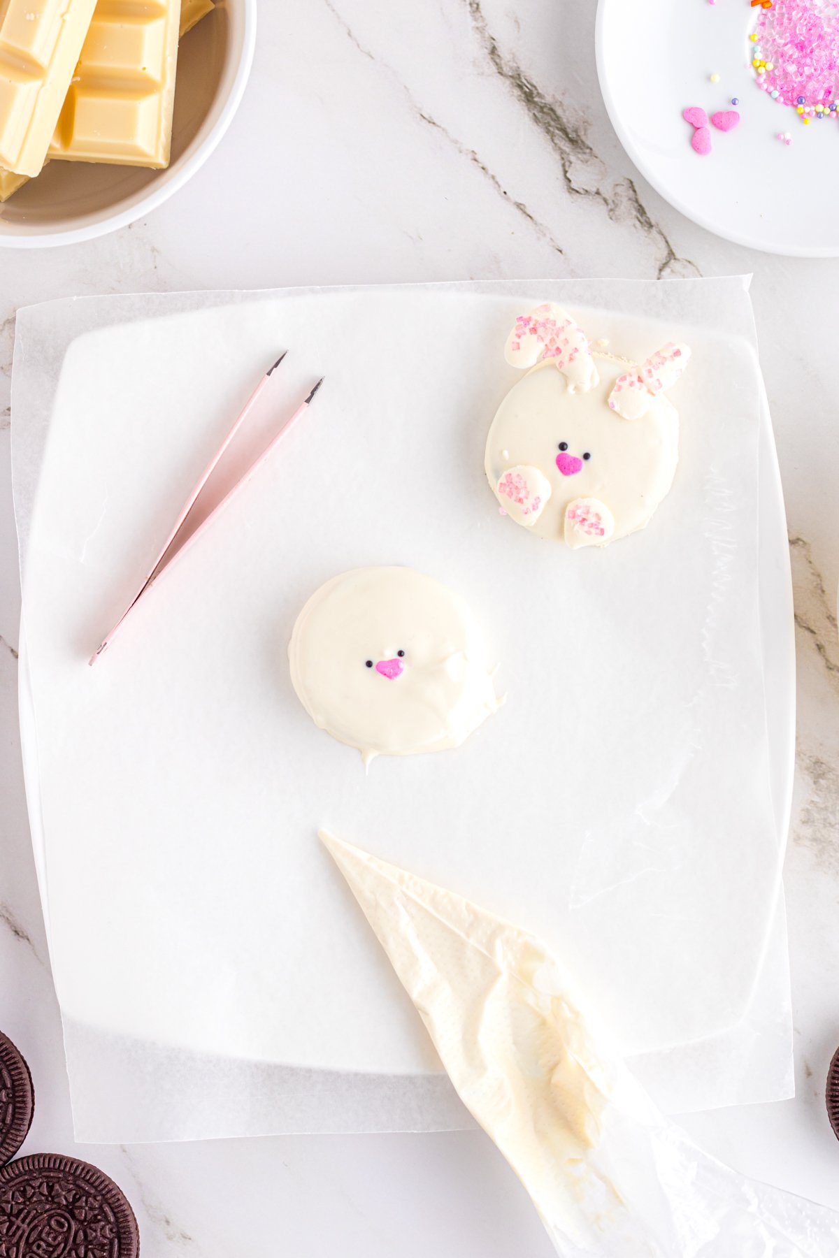 bunny Easter oreo on a white plate