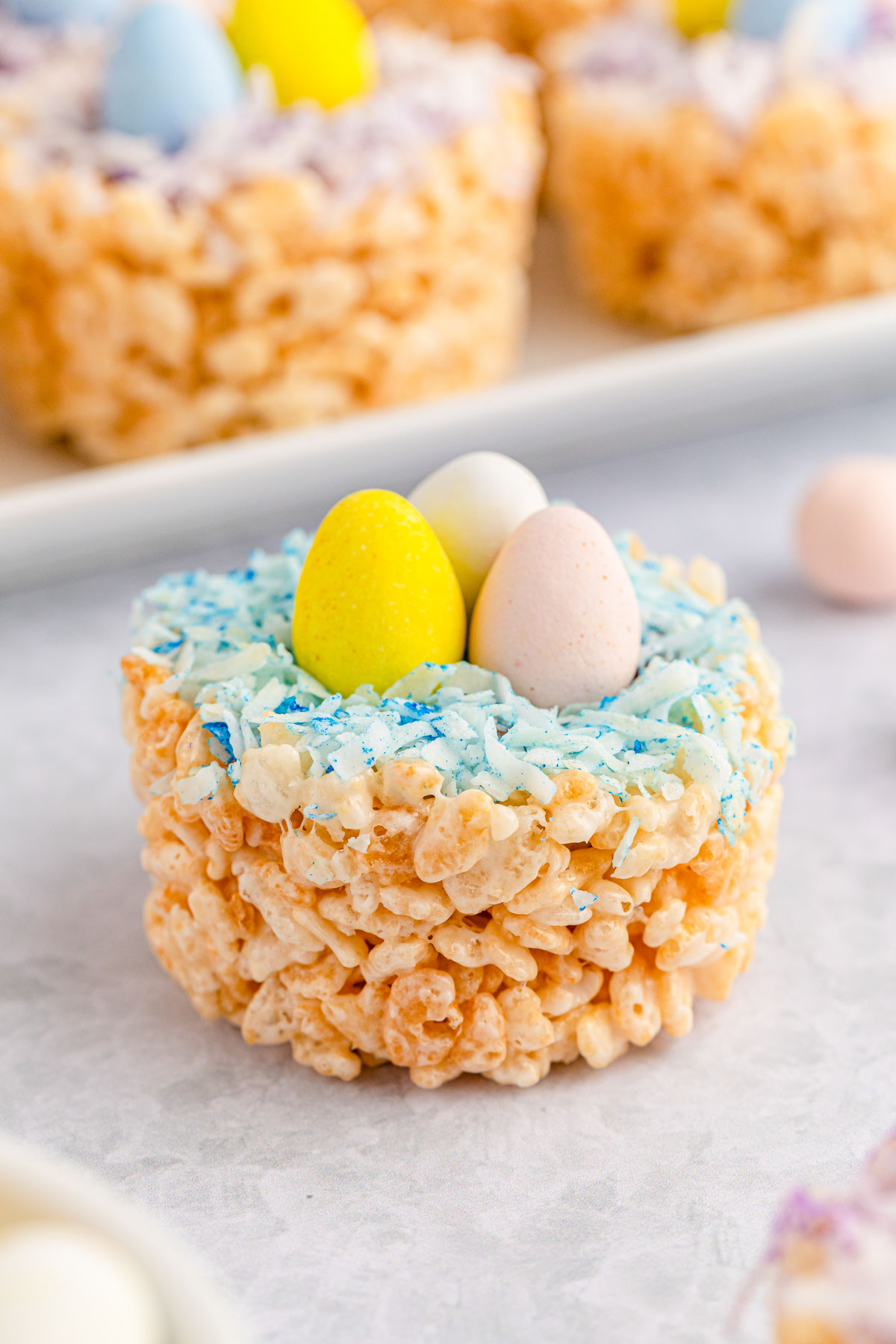 Easter rice krispie nest with mini eggs on top